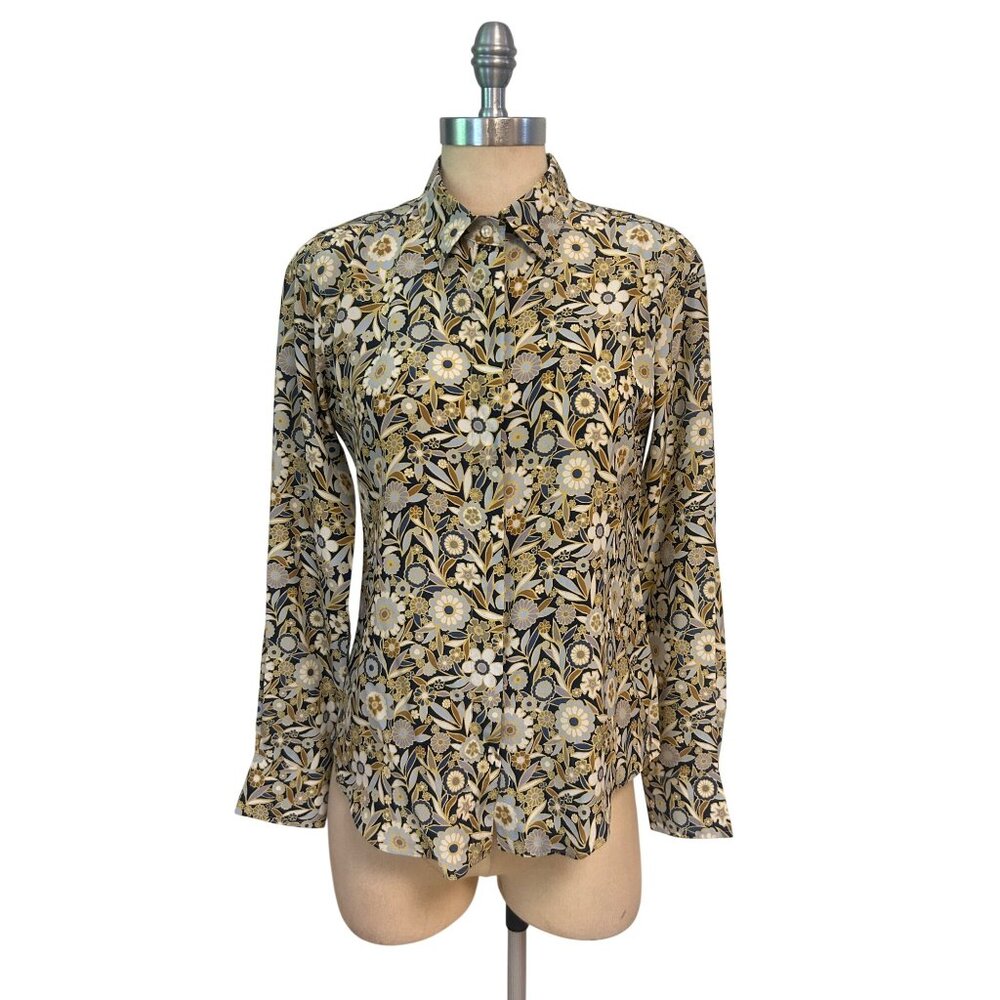 ANN MASHBURN Floral Button-Up Blouse in Black, Cream & Gold